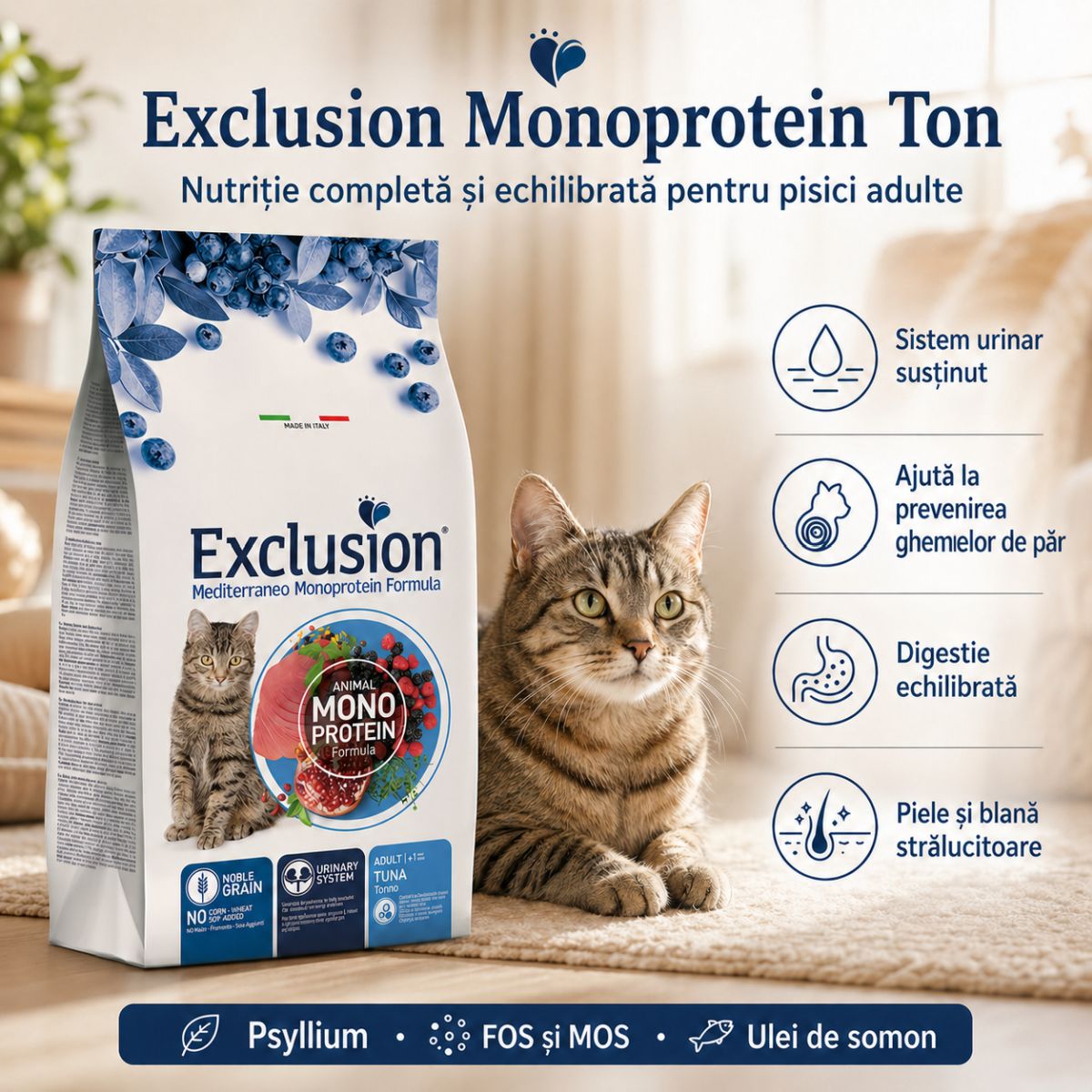 EXCLUSION Mediterraneo Monoprotein Formula, Ton, hrană uscată monoproteică pisici, 1.5kg